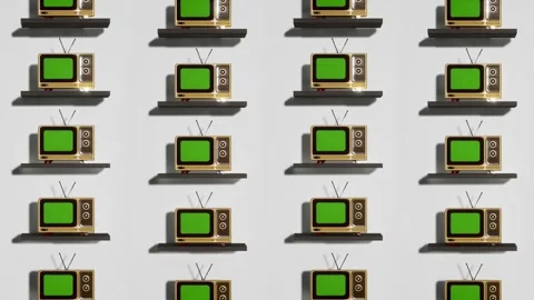 Four columns of televisions with green screen on display. Moving up and down Stock Footage 280439087