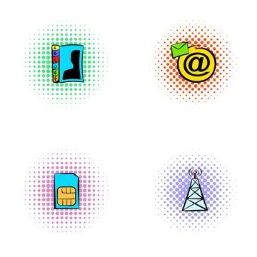 Four comic icons representing digital communication technology concepts イラスト素材
