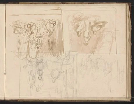 Four composition studies with figures. Drawings in frames. Probably prelim... Stock Photos