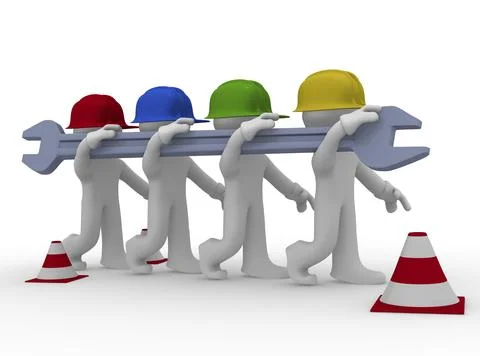 Four construction worker with different colors with a wrech, service concept 3d 스톡 일러스트