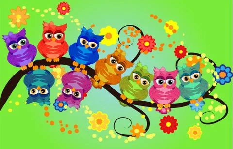Four couples of owls sitting on branches. Nice elements for scrapbook, greeti 스톡 일러스트