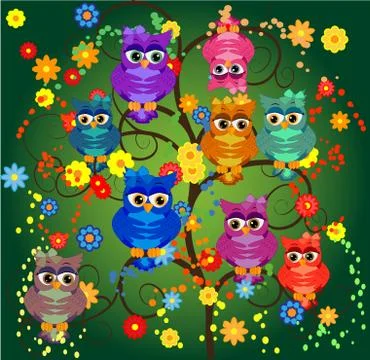 Four couples of owls sitting on branches. Nice elements for scrapbook, greeti 스톡 일러스트