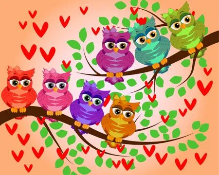 Four couples of owls sitting on branches. Nice elements for scrapbook, greeti Stock Illustration
