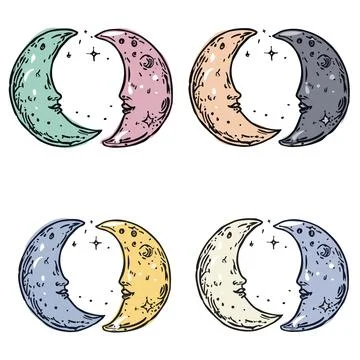 Four crescent moons human faces, pair facing other. Multicolored moon Stock Illustration