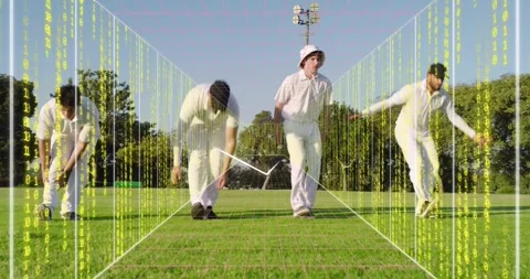 Four cricketers bending, collecting balls and walking for training, starting 3D Stock Footage 328292761