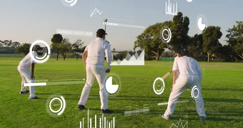 Four cricketers practicing, bowler running up and bowling, fielders diving, HUD Stock Footage 327121663
