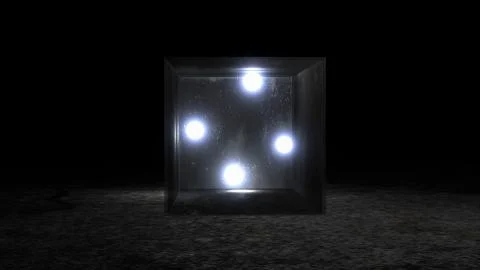 Four Crystal Balls with illuminating light in a transparent glass box Illustrazione stock