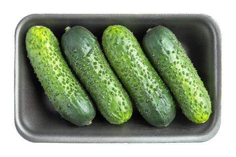 Four cucumbers in the black plastic container isolated on white Stock Photos
