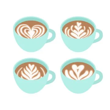 Four cups. Different drawings on coffee foam. Stock Illustration