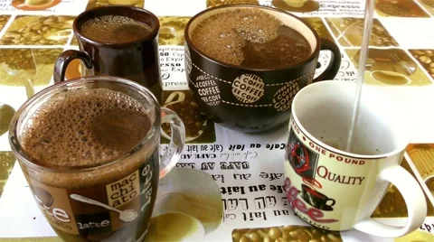 Four Cups With Hot Coffee Stock Footage 67894825