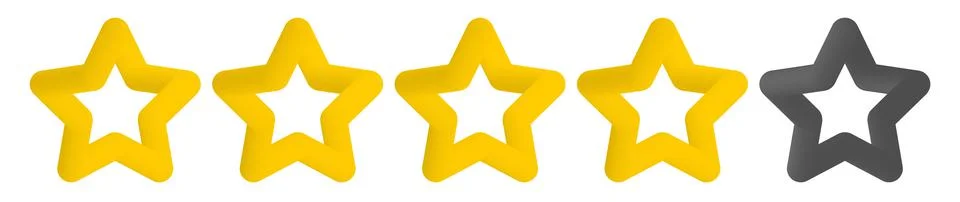Four cute 3d star from five, rating bar. 4 rating gold stars icon for review Stock Illustration