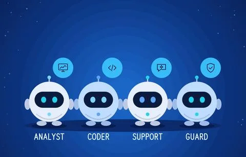 Four cute AI chatbot robots with analyst, coder, support and guard roles under Illustration