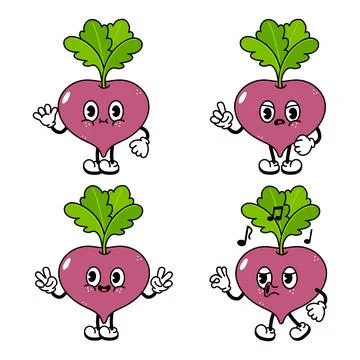 Four cute Beetroot cartoon characters showing different expressions and pos.. Stock Illustration