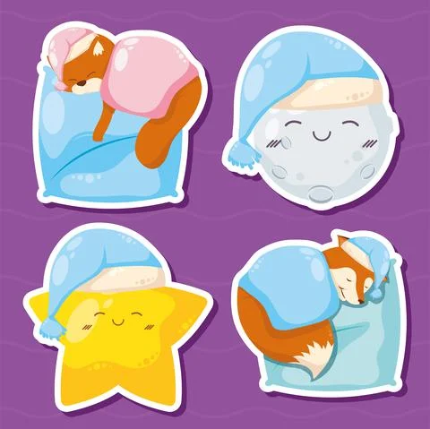 Four cute characters sleeping Stock Illustration