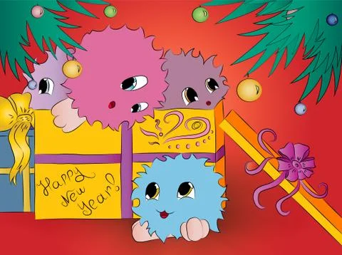 Four cute monsters gift box christmas tree red background Stock Illustration