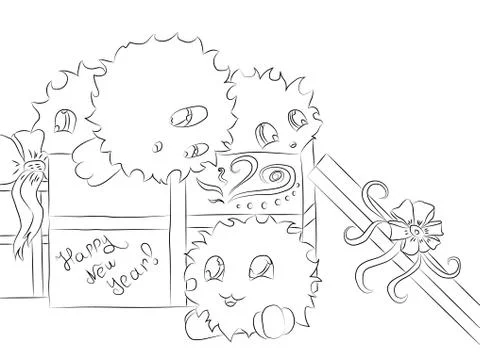 Four cute monsters gift box christmas for coloring book Stock Illustration