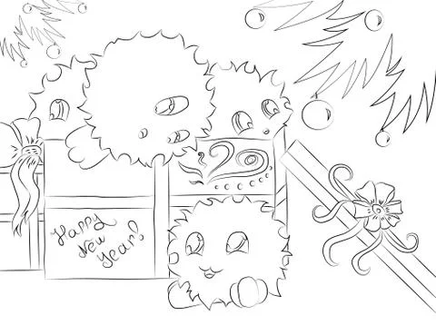Four cute monsters gift box christmas tree for coloring book Stock Illustration