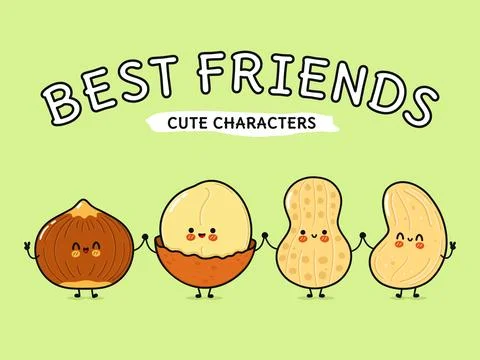 Four cute nut characters holding hands showing best friends Stock Illustration
