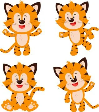 Four cute tiger cubs in different poses. Stock Illustration