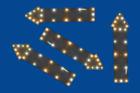 Four dark gray arrows with light bulbs on a blue background, pointers Stock Photos