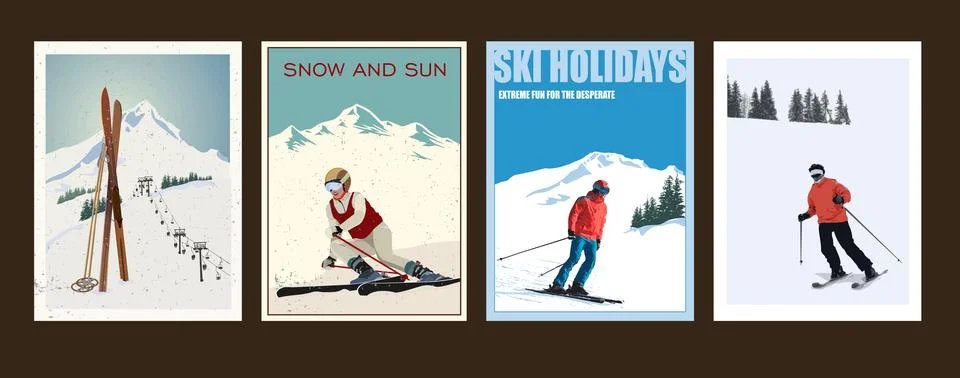 Four decorative posters in different styles about skiing vacations, sports. Stock Illustration