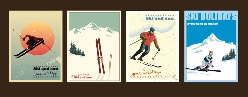 Four decorative posters in different styles about skiing vacations, sports. Stock Illustration