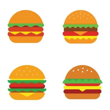 Four Delicious Hamburger Variations Flat Design Illustration Stock Illustration