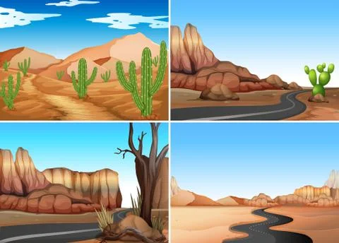 Four desert scenes with empty roads Stock Illustration