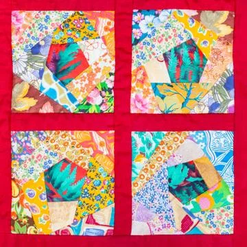 Four details of hand made patchwork quilt Stock Photos