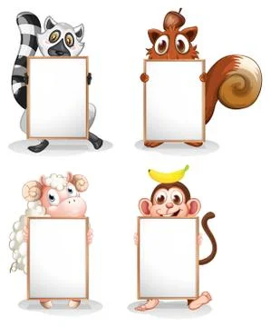 Four different animals with empty whiteboards Stock Illustration
