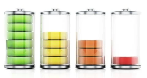 Four different battery levels. 3D illustration Stock Illustration