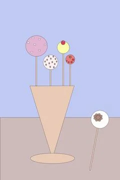 Four different cakes on a stick in a cup, foreground brown table top with lolly Stock Illustration