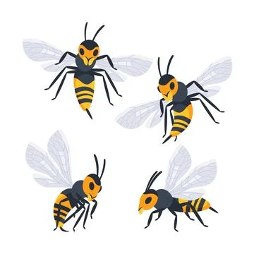 Four different cartoon style wasps flying and crawling with spread wings in Illustrazione stock