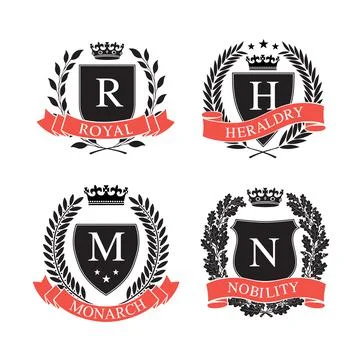 Four Different Coat of Arms. Black and white silhouette circular wreaths, shi Stock Illustration