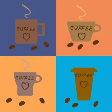 Four different coffee cups and beans. Stock Illustration