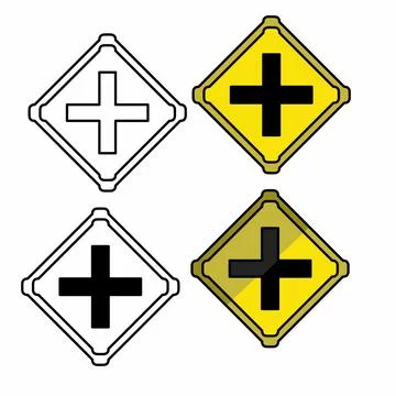 Four different colored signs with a black and white cross and a yellow plus sign Stock Illustration
