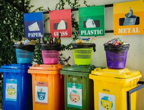 The four different container for sorting plastic, paper, metal and glass waste Stock Photos