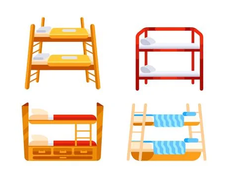 Four different empty bunk beds with mattresses, pillows and blankets Stock-Illustration