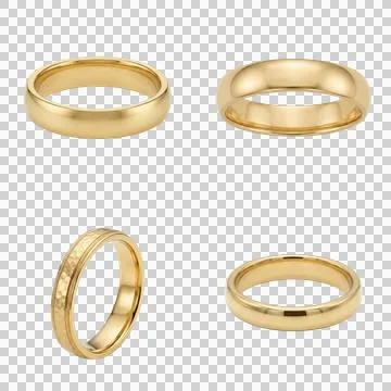 Four different gold wedding ring designs featuring plain metal and textured.. Stock Photos