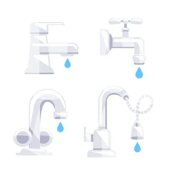 Four different illustrations of water taps leaking water drops, representing Stock-Illustration