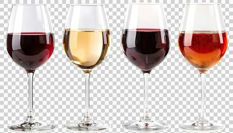 Four Different kinds of wine in wine glasses isolated on transparent background Stock Photos
