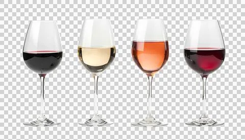 Four Different kinds of wine in wine glasses isolated on transparent background Stock Photos