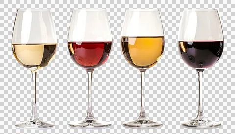 Four Different kinds of wine in wine glasses isolated on transparent background Stock Photos