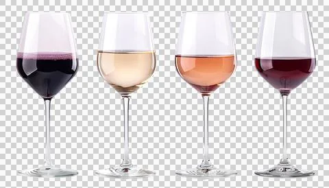 Four Different kinds of wine in wine glasses isolated on transparent background Stock Photos