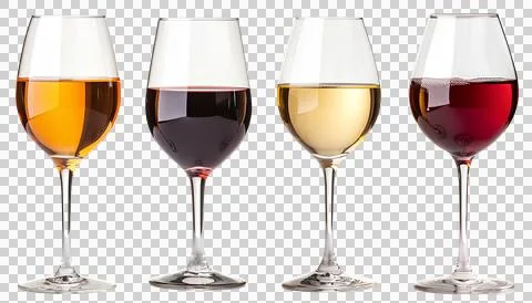 Four Different kinds of wine in wine glasses isolated on transparent background Stock Photos