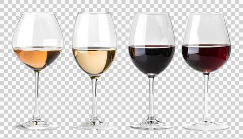Four Different kinds of wine in wine glasses isolated on transparent background Stock Photos