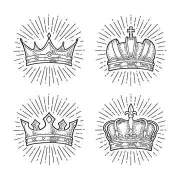 Four different king crowns with rays. Engraving vintage vector black illustra Stock Illustration
