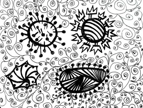 Four different models of viruses against the background of curls, drawing wit Stock Illustration