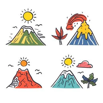 Four different mountains illustrated, one snow cap, another erupting, one molten イラスト素材