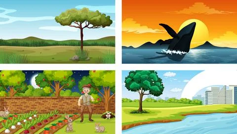 Four different nature horizontal scene Stock Illustration